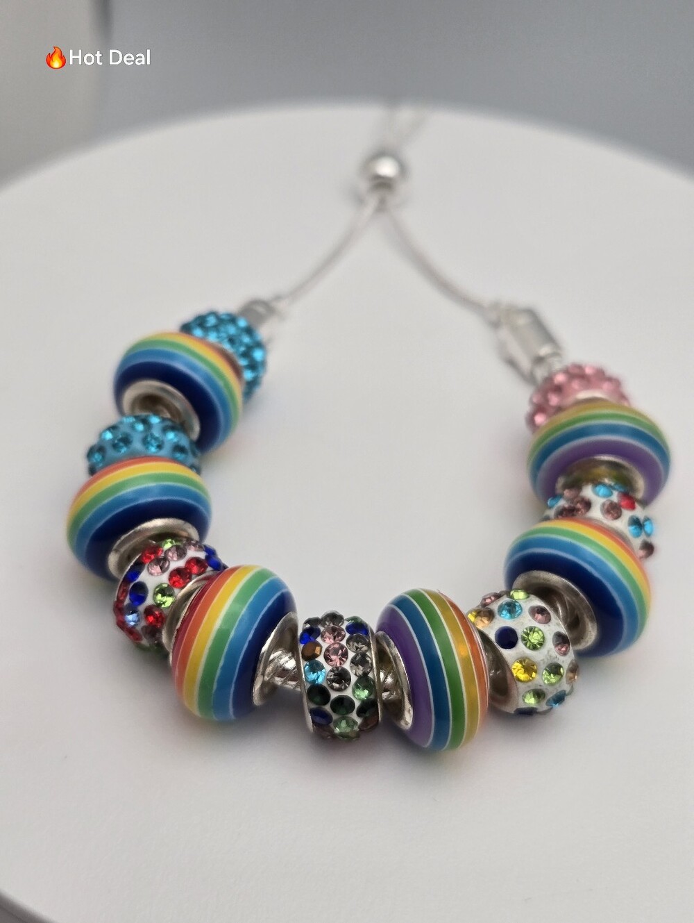 Rainbow Charm Bracelet Rhinestone European Beads Adjustable 8" Pandora Style